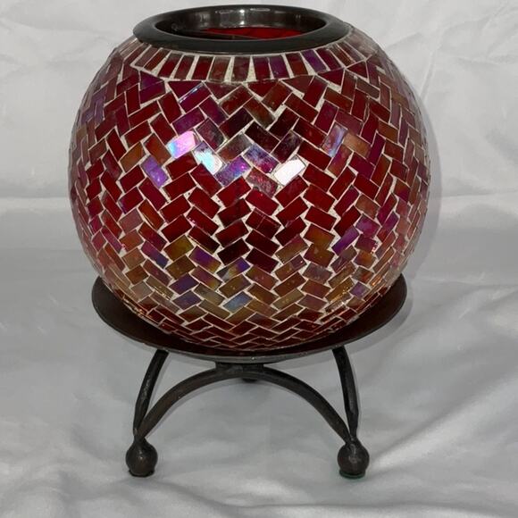 VTG RED AMBER ORANGE MOSAIC GLASS TEALIGHT CANDLE HOLDER WROUGHT IRON STAND - Picture 3 of 8